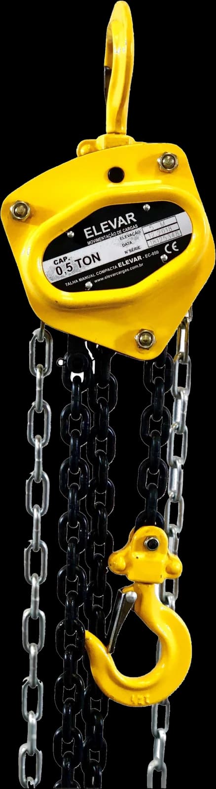 Talha manual de corrente Elevar Compacta EC de 0,5 tonelada, corpo amarelo com corrente de carga preta e corrente de manobra zincada