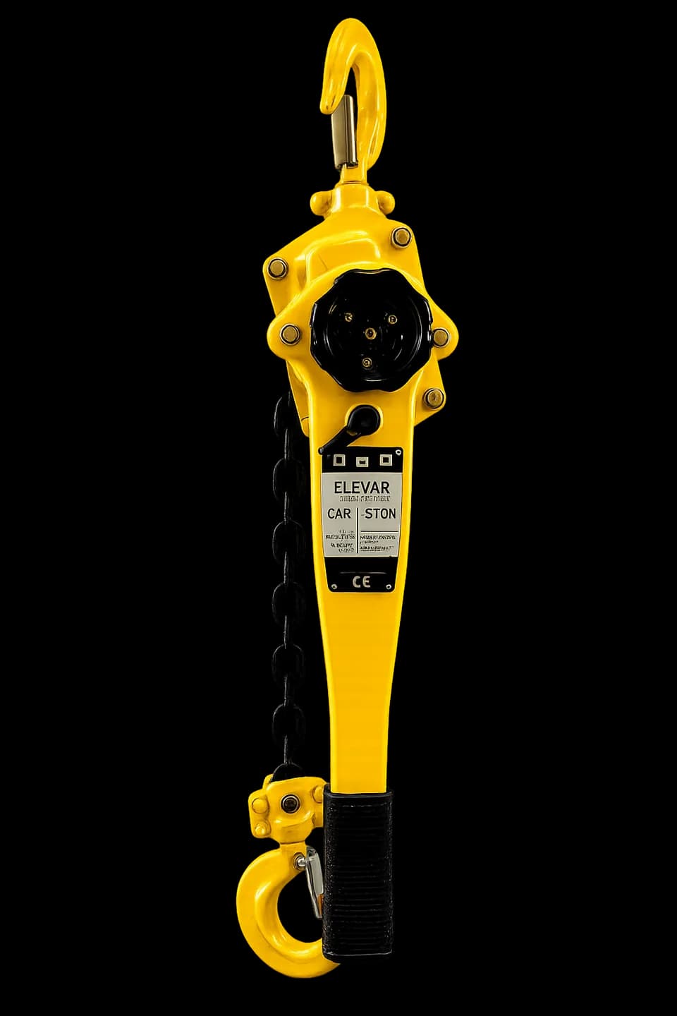 Talha manual de alavanca Elevar série TAE, corpo amarelo com corrente de carga e gancho com trava